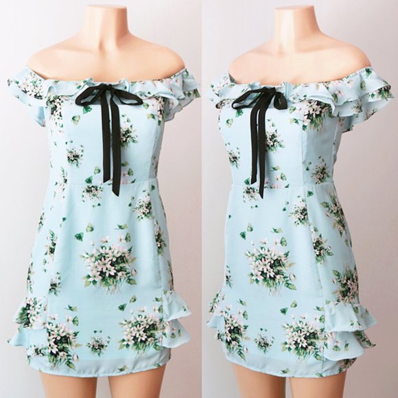 Esley Dresses & Skirts - Light Blue Floral Ruffle Off Shoulder Bow Dress
